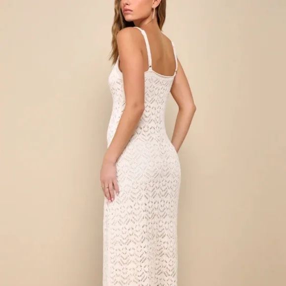 Lulus Sunset Vibes Light Beige Crochet Sleeveless Midi Dress size M - Picture 2 of 6